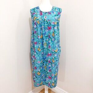 Vintage National Muumuu House Dress Sleeveless Pockets Blue Floral Women's Lrg